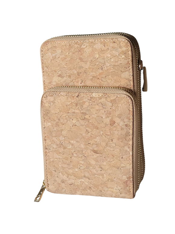 Cork Crossbody Phone Bag with Triple Zipper Design PBAG-121C Plain